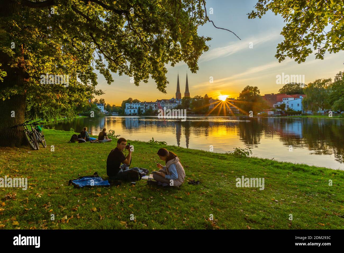 Lake Krähenteich and Cathedral in the late evening,  Hanseatic City of Lübeck, Schleswig-Holstein, North Germany, Europe Stock Photo