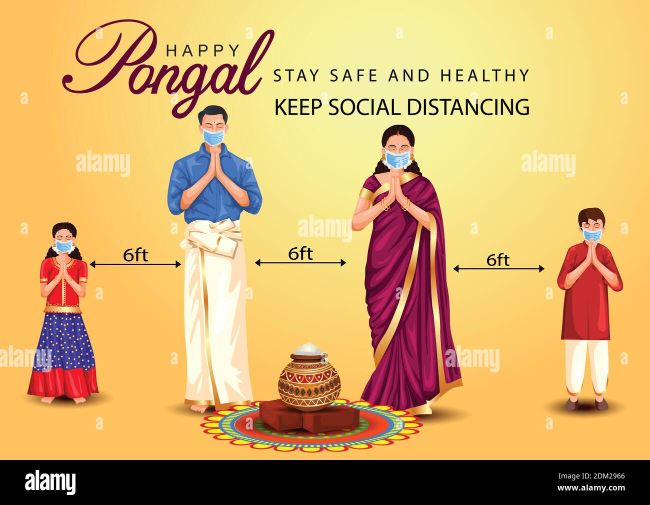 Happy Pongal celebration with sugarcane, Rangoli, pot and rice. Tamil  family offering prayers. Indian cultural festival celebration concept  vector ill Stock Vector Image & Art - Alamy