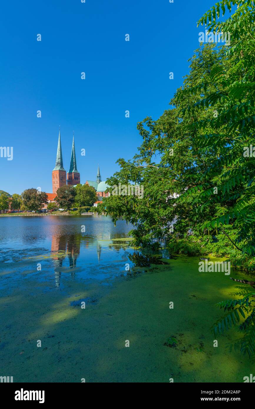 Lake Mühlenteich and Cathedral, Hanseatic City of Lübeck, Schleswig-Holstein, North Germany, Europe Stock Photo
