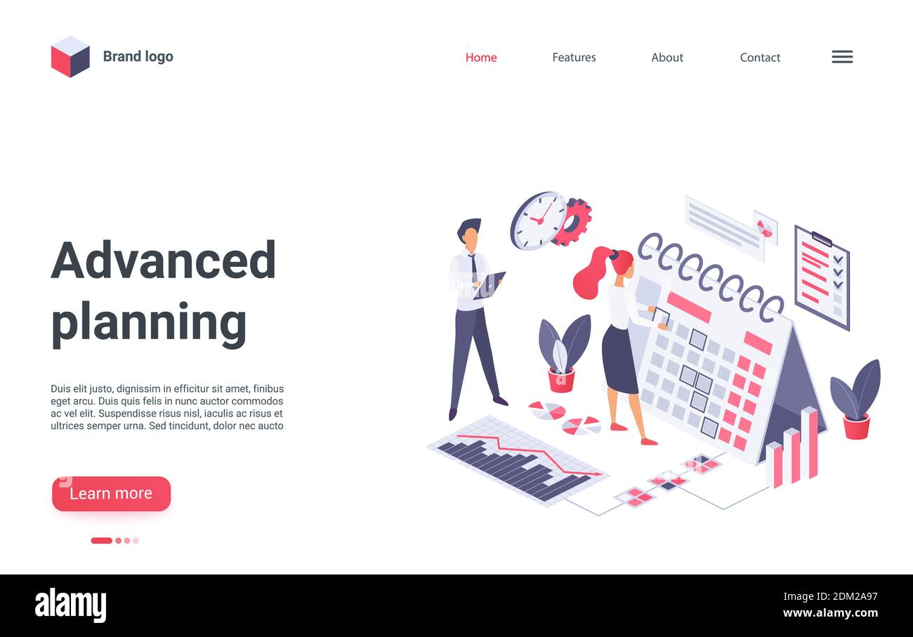 Advanced planning landing page vector template. Management website interface idea with flat illustrations. Work optimization homepage layout. Teamwork web banner, webpage isometric cartoon concept Stock Vector