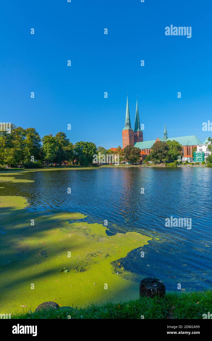 Lake Mühlenteich and Cathedral, Hanseatic City of Lübeck, Schleswig-Holstein, North Germany, Europe Stock Photo
