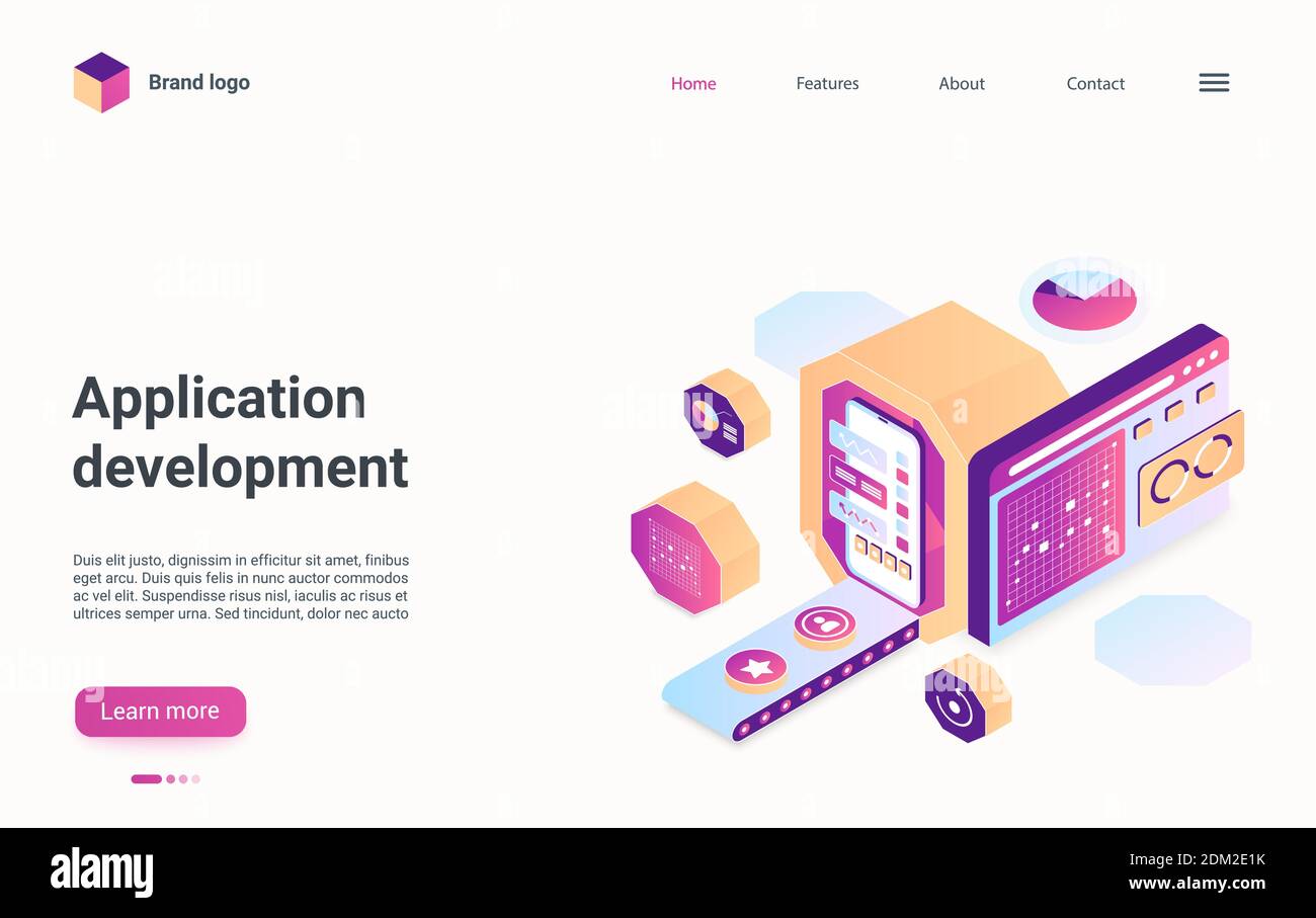 App development isometric landing page vector template. Mobile ...