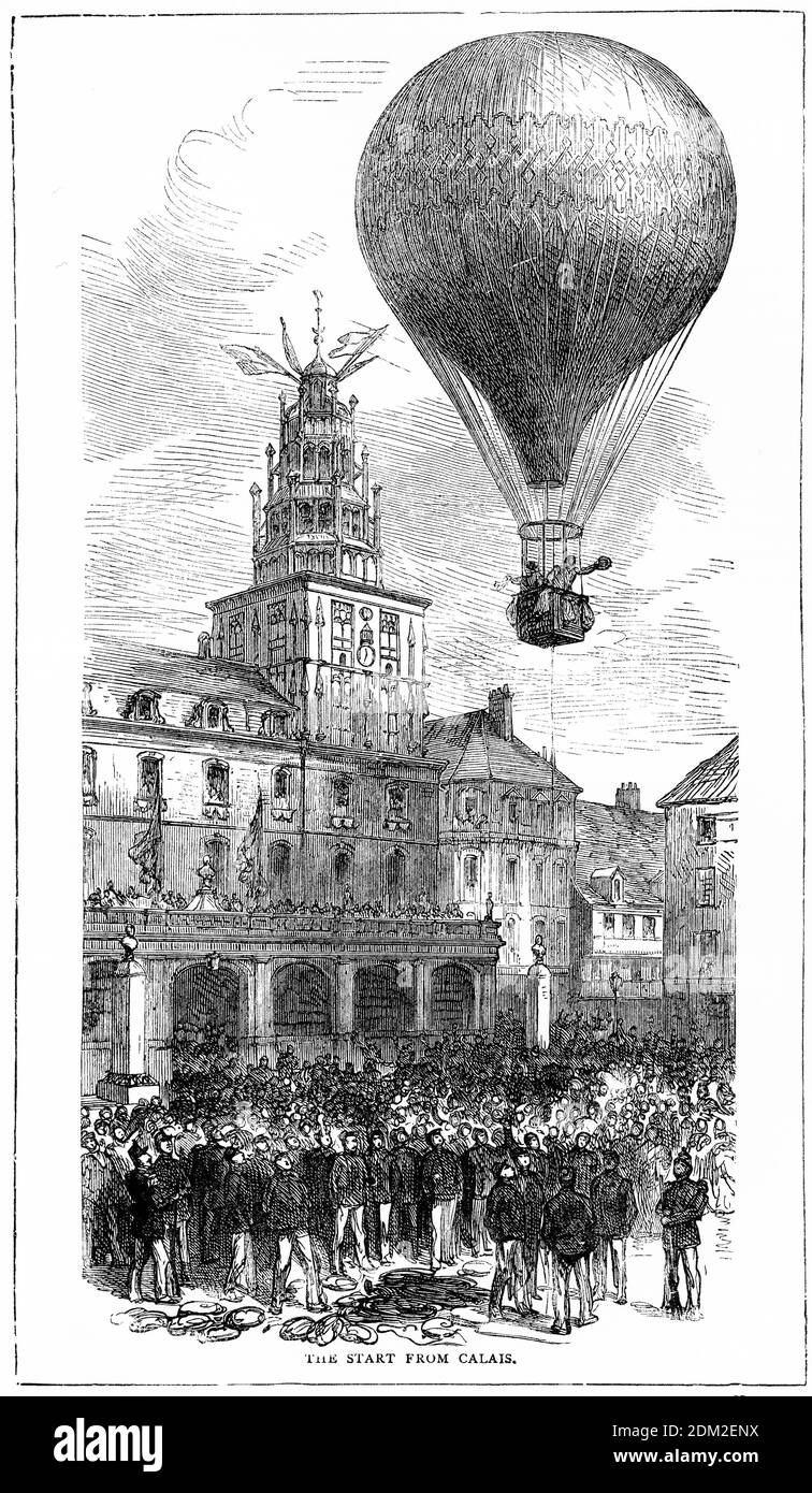 Engraving of a hot air balloon flight leaving from Calais, France Stock Photo