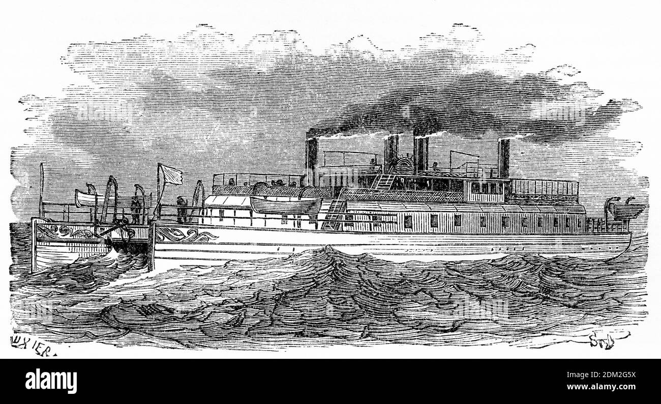 Engraving of the Castalia, a 1,533 GRT twin-hulled paddle steamer that was built in 1874 by the Thames Ironworks and Shipbuilding Company, Leamouth, London for the English Channel Steamship Company. She was acquired by the London, Chatham and Dover Railway (LCDR) in 1878 but had already been laid up by then and was not operated by the LCDR. In 1883, she was sold to the Metropolitan Asylums Board and converted to a hospital ship. She served until 1904 and was scrapped in 1905. (wikipedia) Stock Photo