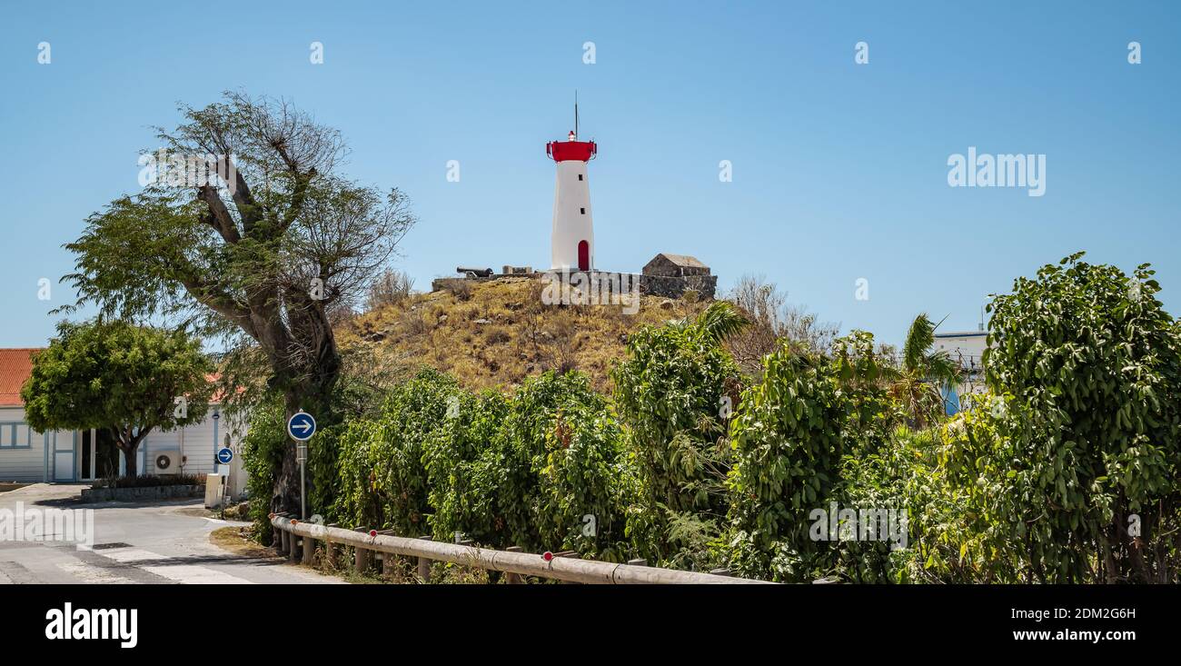Lighthouse on the hill at the harbor of Gustavia in St Barts (Saint Barthelemy). Stock Photo