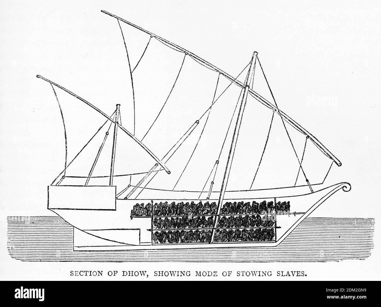 Engraving of a cross-section of an Arab dhow carrying slaves below decks Stock Photo