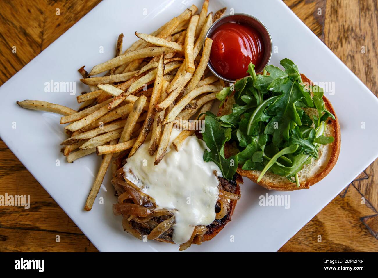 Bison Bistro Burger and fries, Dining Hall, Chautauqua Park, Boulder, Colorado USA Stock Photo