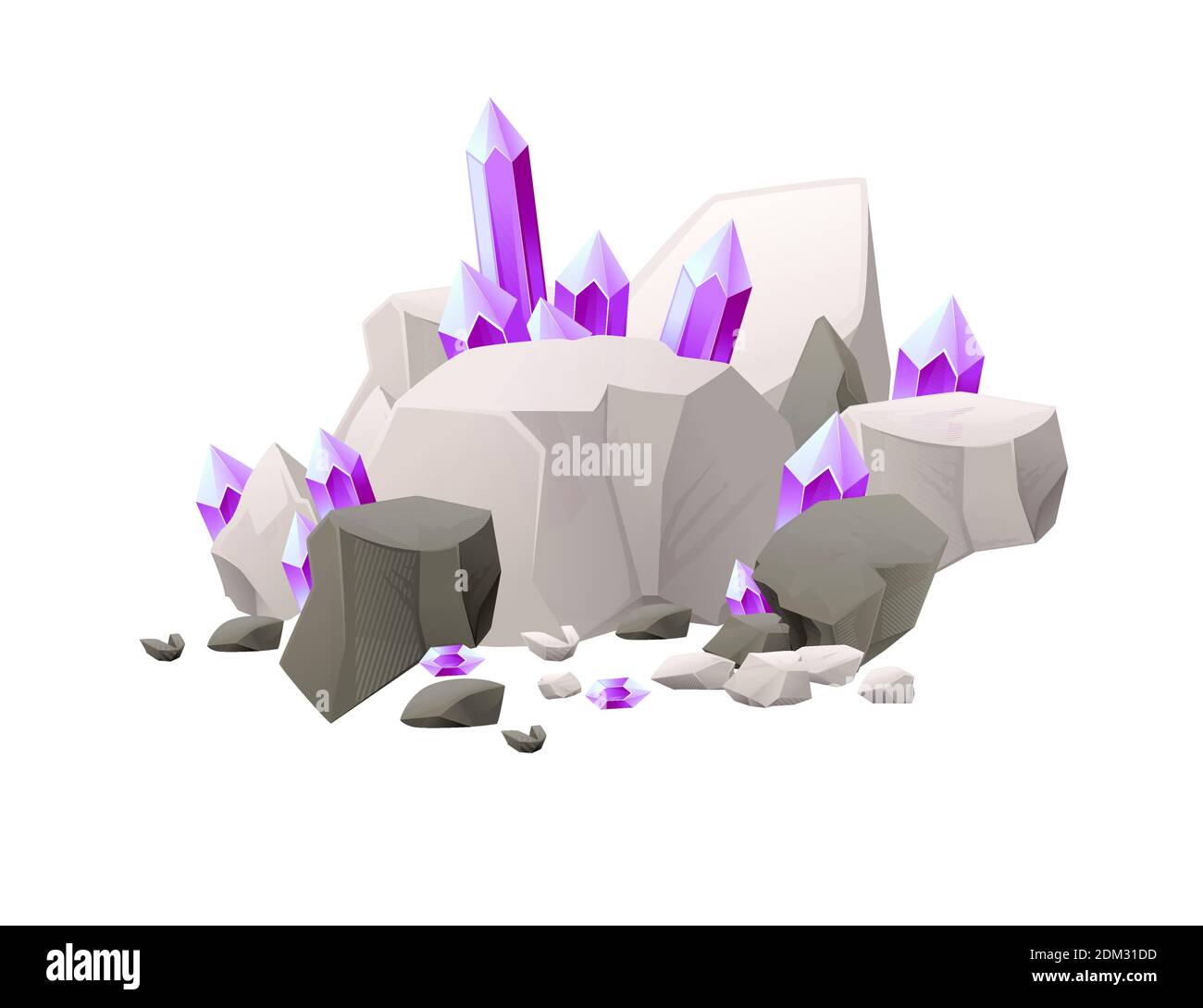 Gray stone with purple shine mineral ore flat vector illustration isolated on white background cartoon style design item for games Stock Vector