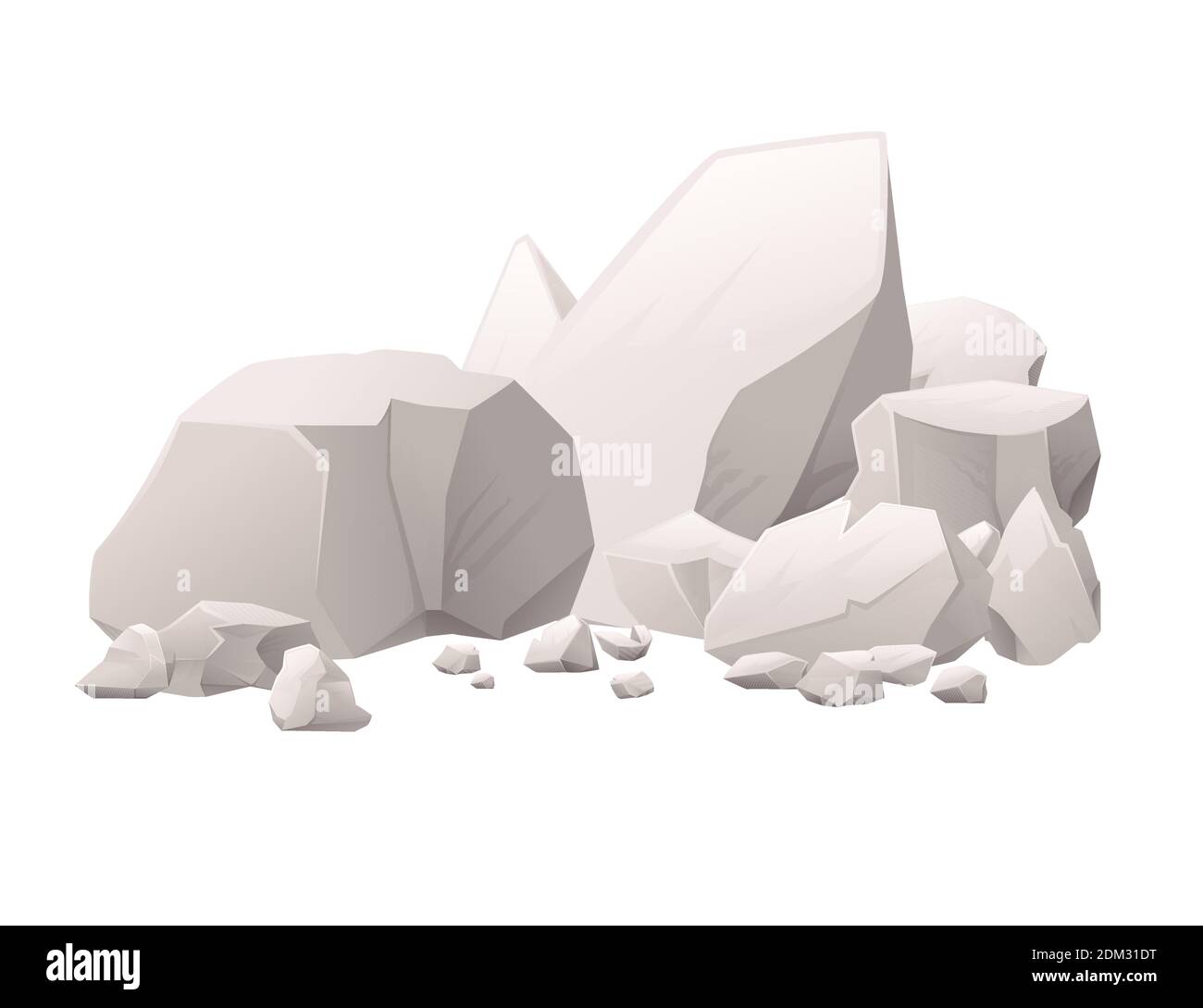 Group of gray stones and rocks different sizes and shapes flat vector illustration isolated on white background cartoon style design item for games Stock Vector