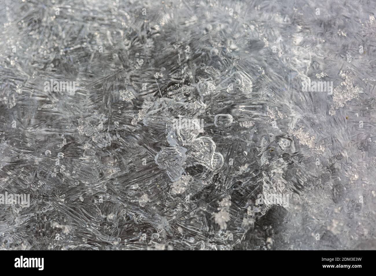 close-up of a frozen water surface in winter. Frozen ice texture. Ice background for christmas. Frozen river taken in Switzerland. Stock Photo