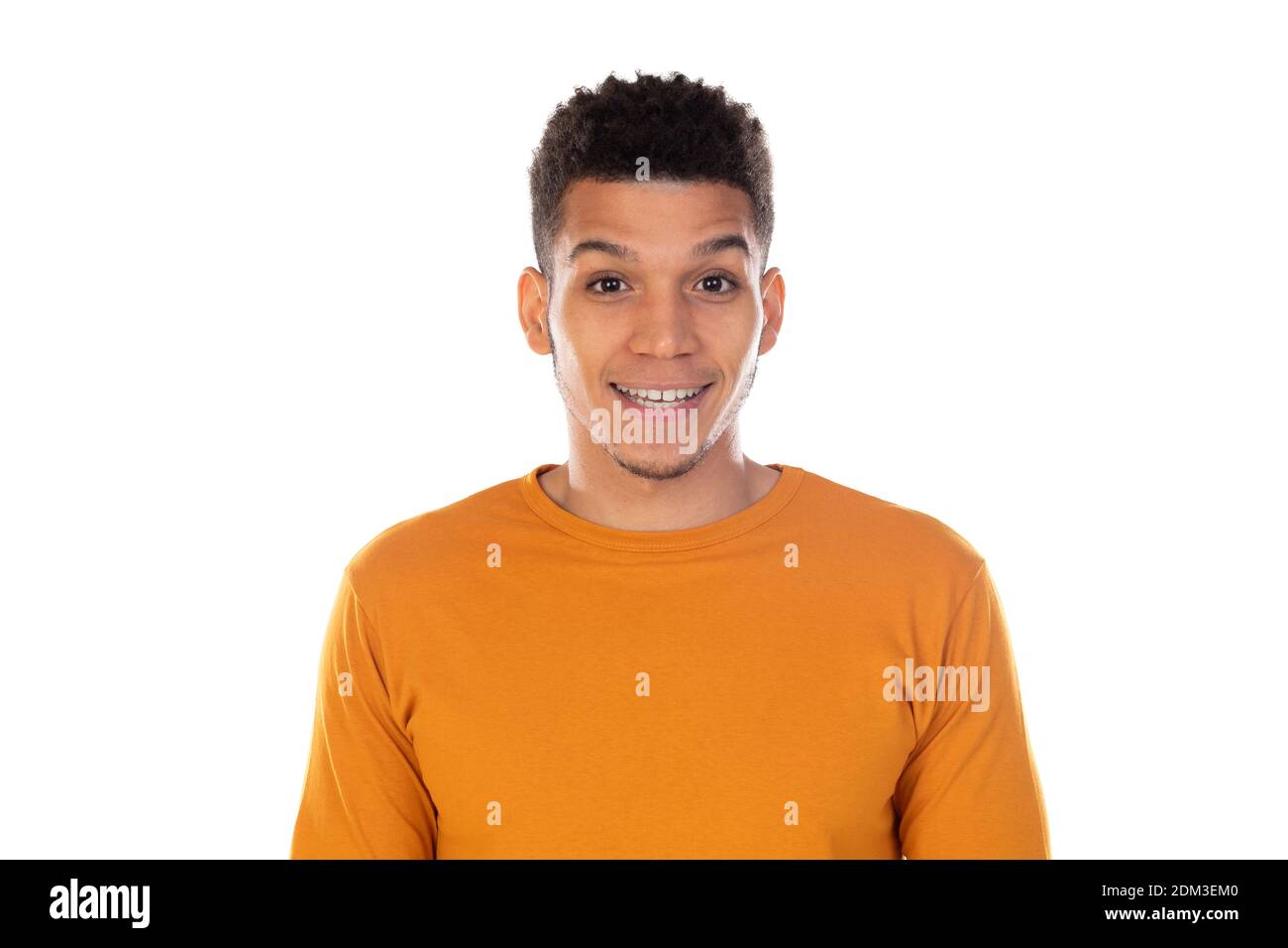 Latin guy with short afro hair isolated on white background Stock Photo