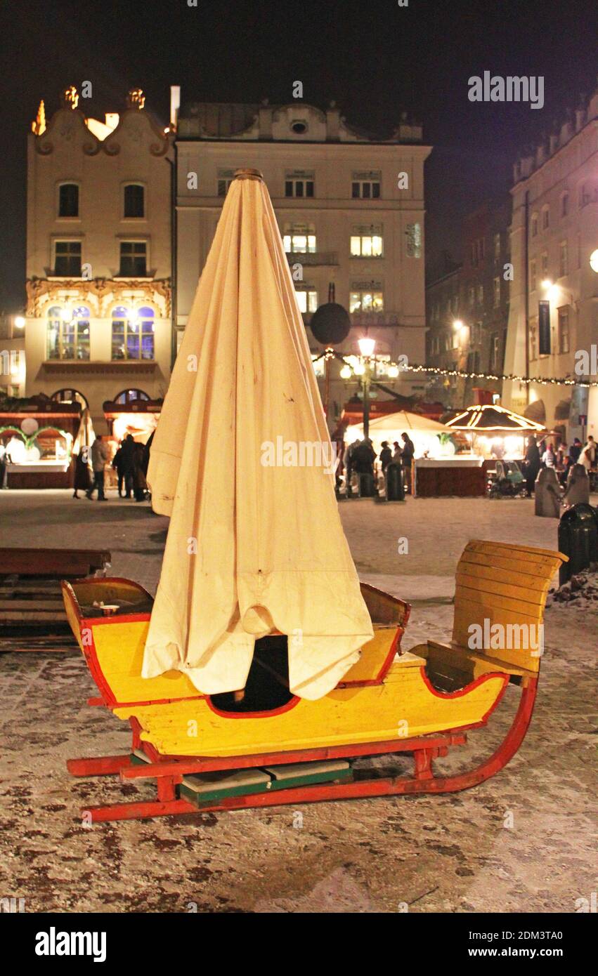 Sledge in the Market square in Krakow, Poland Stock Photo