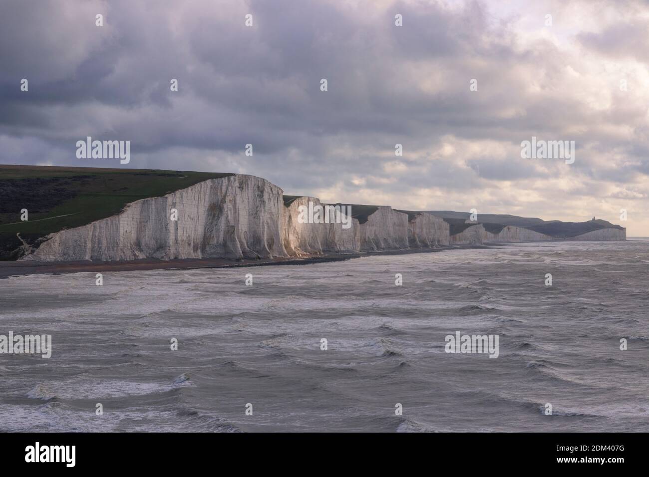 Panoramic view of the Seven Sisters cliffs from Cuckmere Haven East Sussex south east England Stock Photo
