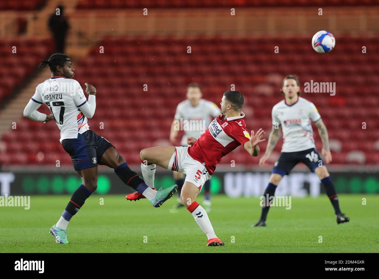 MIDDLESBROUGH, ENGLAND. DECEMBER 16TH Sam Morsy of Middlesbrough in action with Pelly Ruddock Mpanzu of Luton Town during the Sky Bet Championship match between Middlesbrough and Luton Town at the Riverside Stadium, Middlesbrough on Wednesday 16th December 2020. (Credit: Mark Fletcher | MI News) Credit: MI News & Sport /Alamy Live News Stock Photo