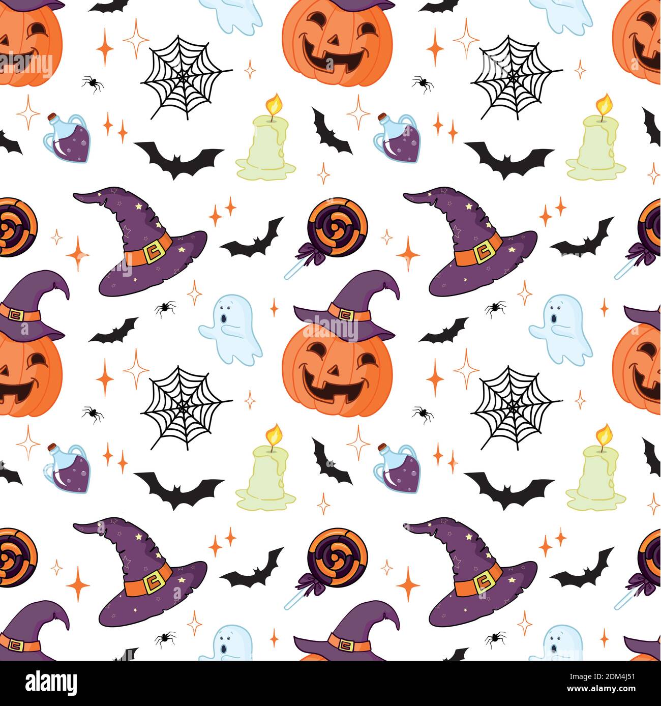 Halloween pattern with orange pumpkins and bats on white Stock Vector