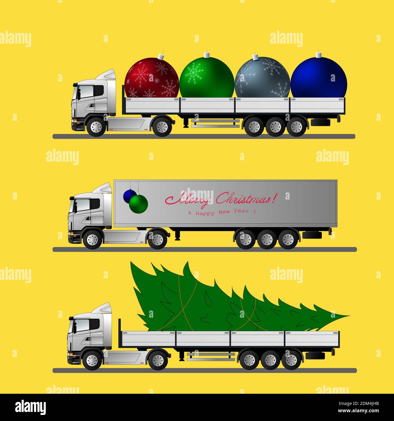 Variants of European trucks with semi-trailers for transporting New Year s goods and decorations Blank for designers. Stock Vector