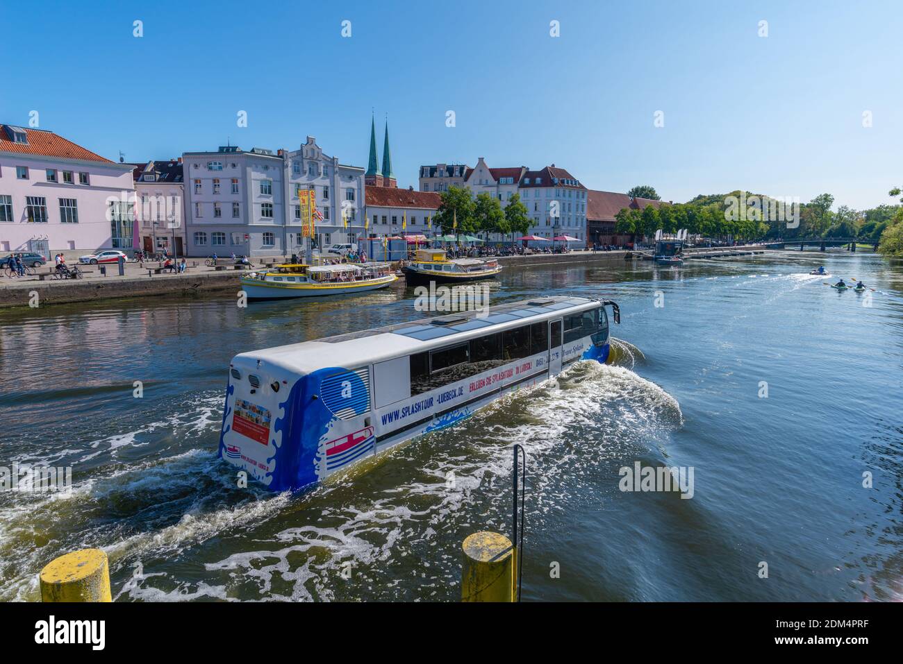 Travelling through streets and waterways with a swimimming water bus, Trave Splash, Hanseatic City of Lübeck, Schleswig-Holstein, North germany, Europ Stock Photo