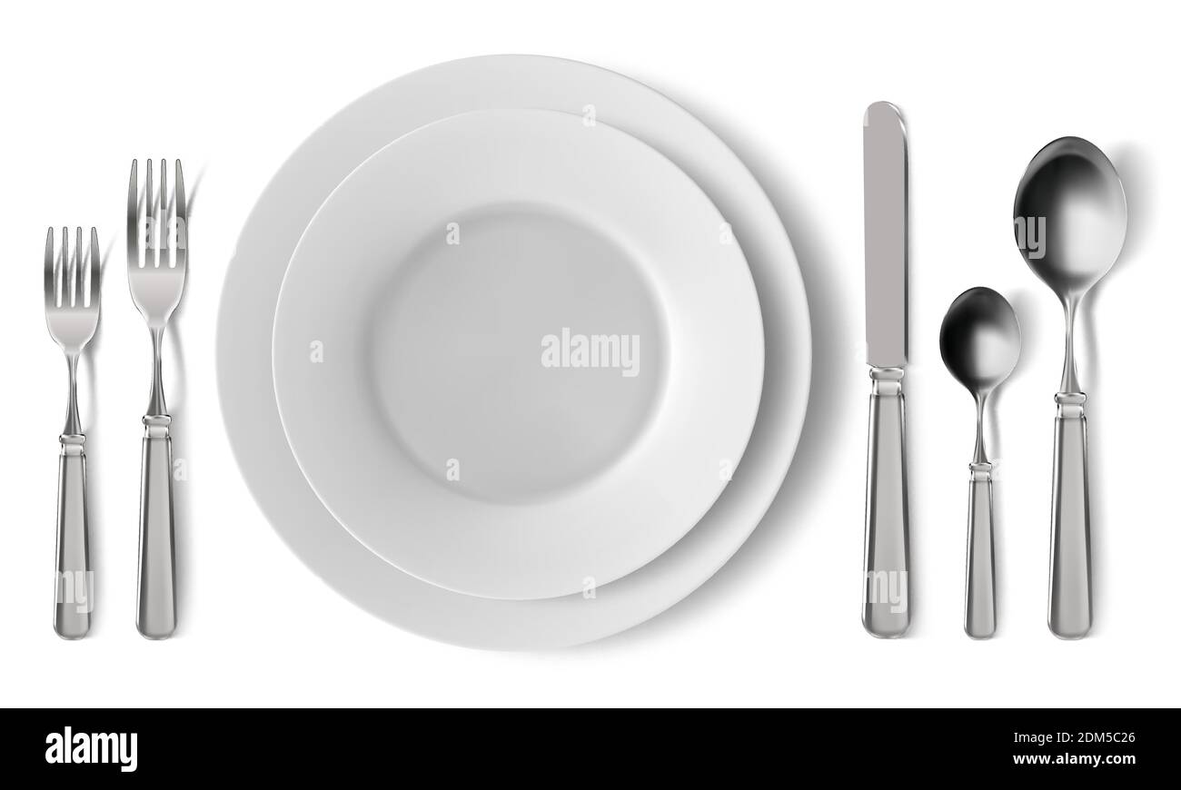 Realistic table cutlery serving. Empty plates with silver cutlery, dinner serving setting. Lunch