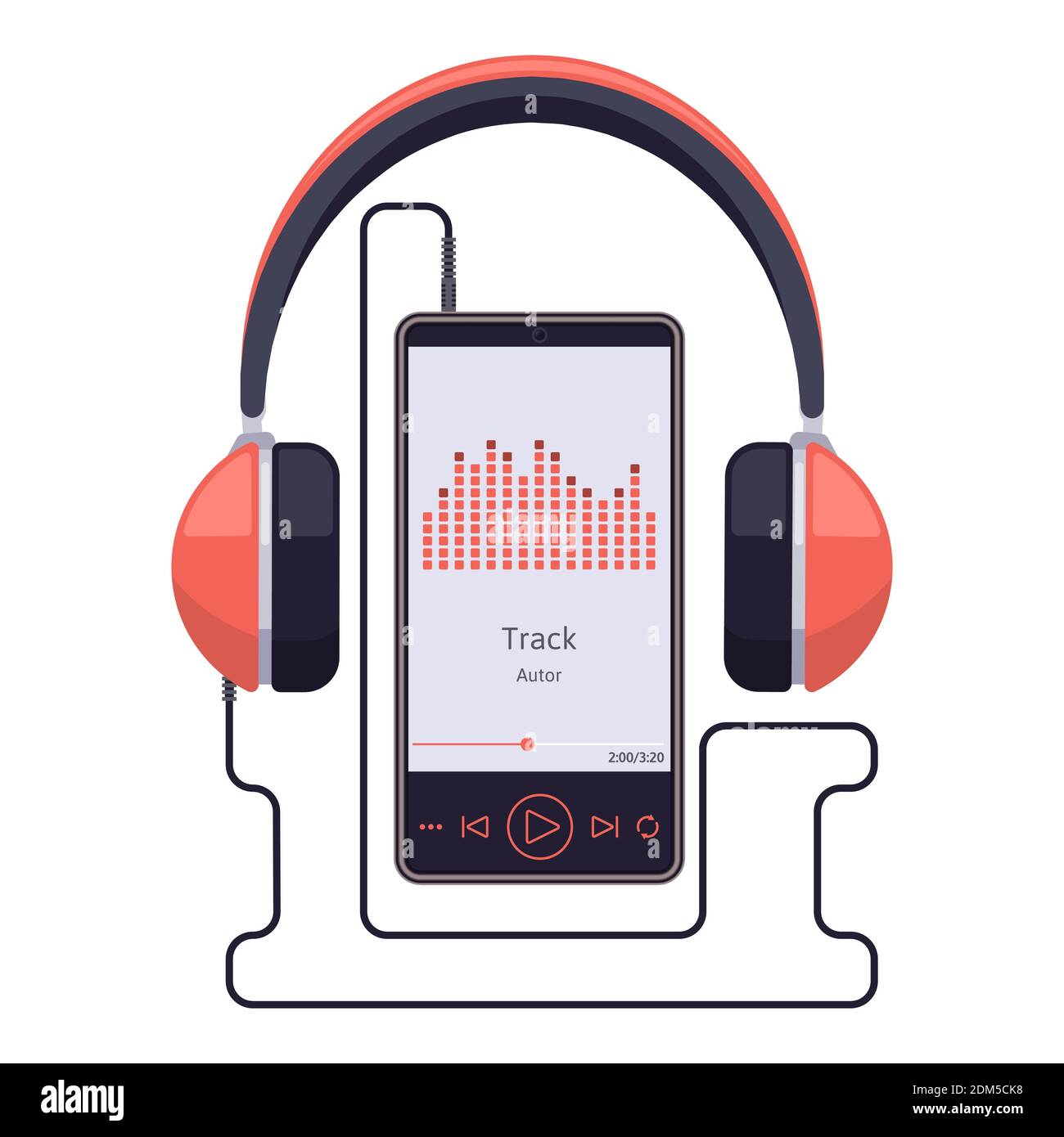 Smartphone with headset. Earphones and smartphone audio player, stereo