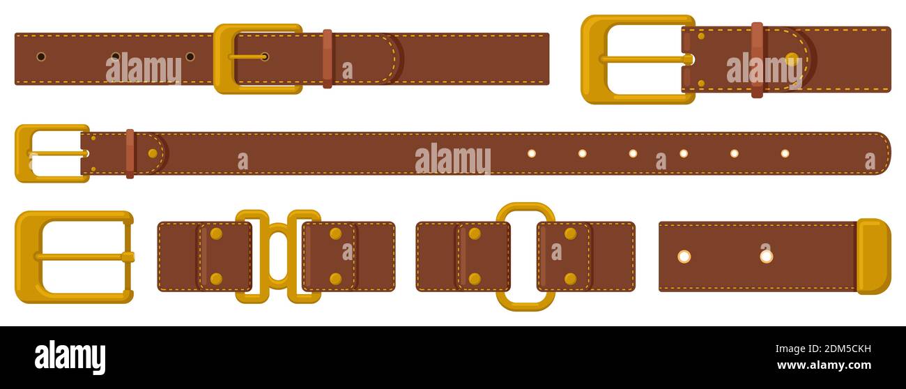 Leather strapping. Brown leather belts with steel buckles and metal fittings. Haberdashery strapping accessories vector illustration set Stock Vector
