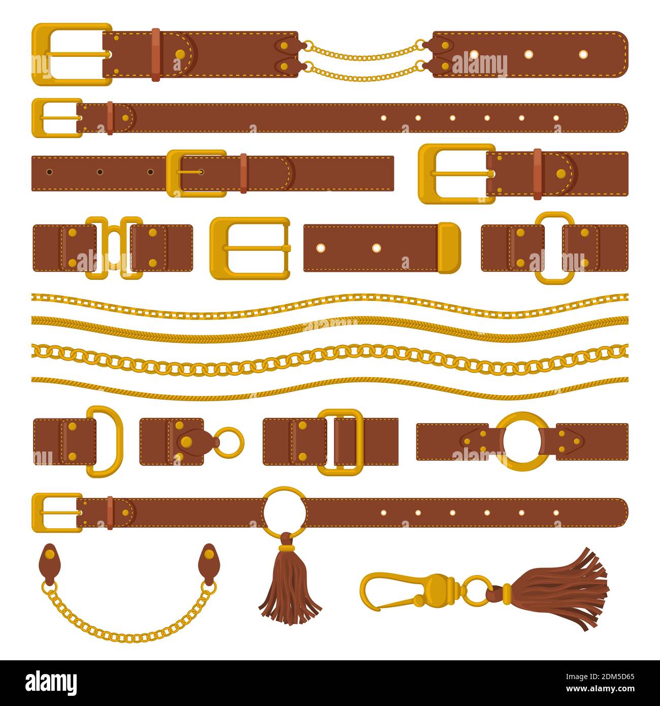 Belts and chains elements. Leather brown belts, gold ring straps, chains and metal buckles. Haberdashery leather accessories vector illustration Stock Vector