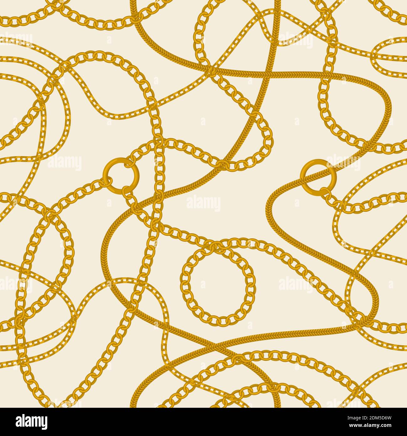 Golden chains pattern. Seamless gold ring, belts, chains and metal accessories backdrop. Chain wrapping or textile vector background illustration Stock Vector