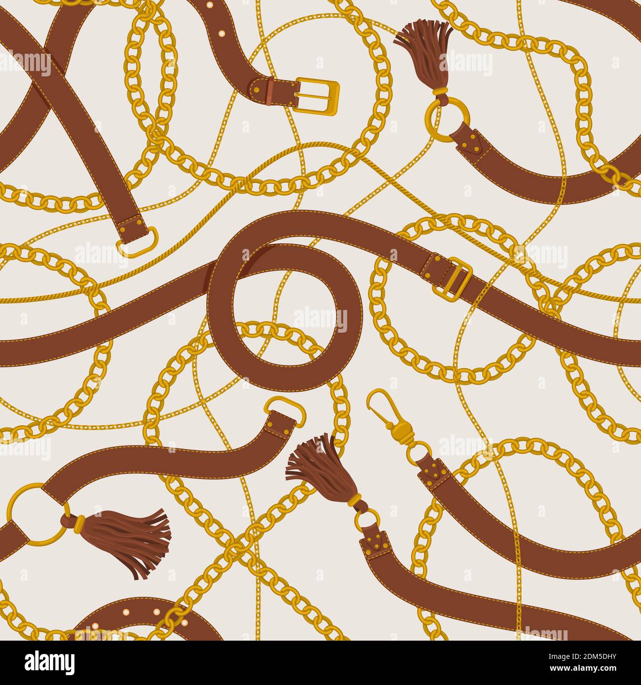 Chains and belts pattern. Leather belts, tassels, gold ring chains and straps backdrop. Belts and golden chains vector background illustration Stock Vector