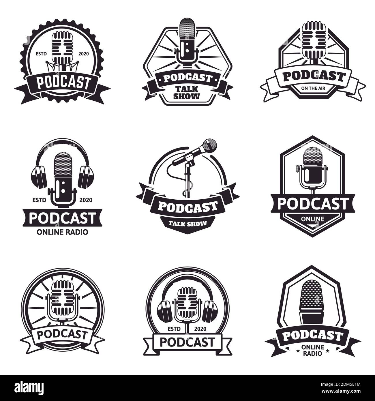 Podcast emblems. Radio station, audio podcast and music studio labels, retro microphone podcast air. Radio podcast vector illustration set Stock Vector