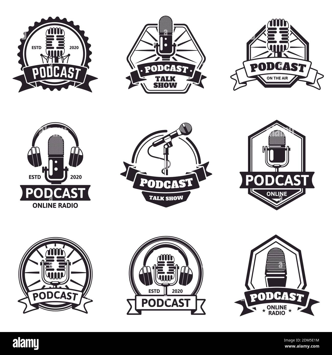 Podcast emblems. Radio station, audio podcast and music studio labels