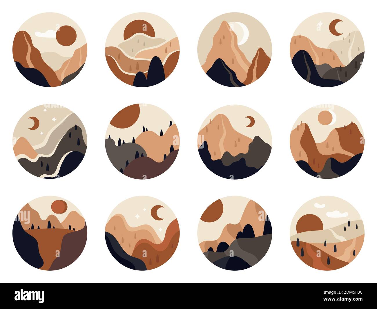 Abstract mountain view. Contemporary minimalist landscapes, outdoor nature scenes. Hand drawn abstract landscapes vector illustration set Stock Vector