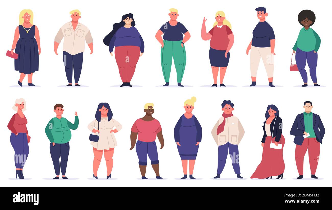 Body positive people. Plus size male and female multiracial characters, attractive curvy, overweight group. Beauty diversity vector illustrations Stock Vector