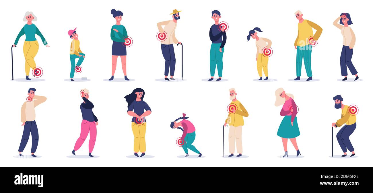 People Suffering From Pain Adult Elderly And Children Characters In Stomach Ache Headache Back Pain Patients In Pain Vector Illustrations Stock Vector Image Art Alamy