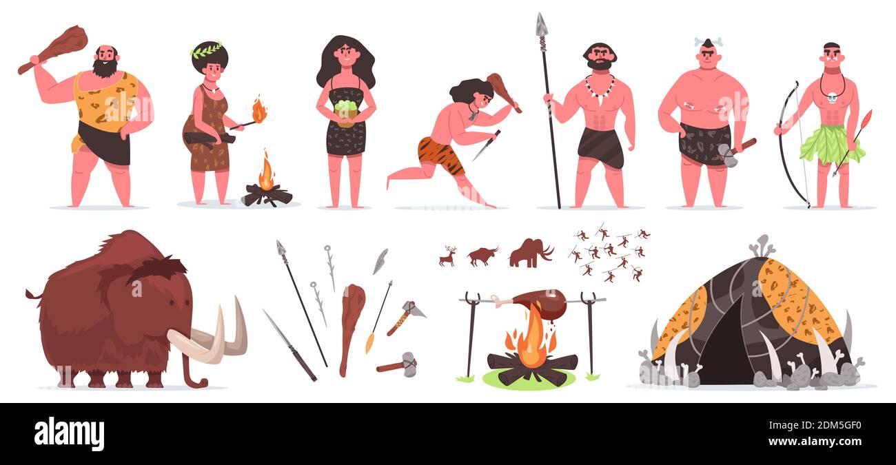 Primitive people. Stone age prehistoric caveman characters with stone or wooden weapon. Caveman hunting and collecting vector illustration set Stock Vector