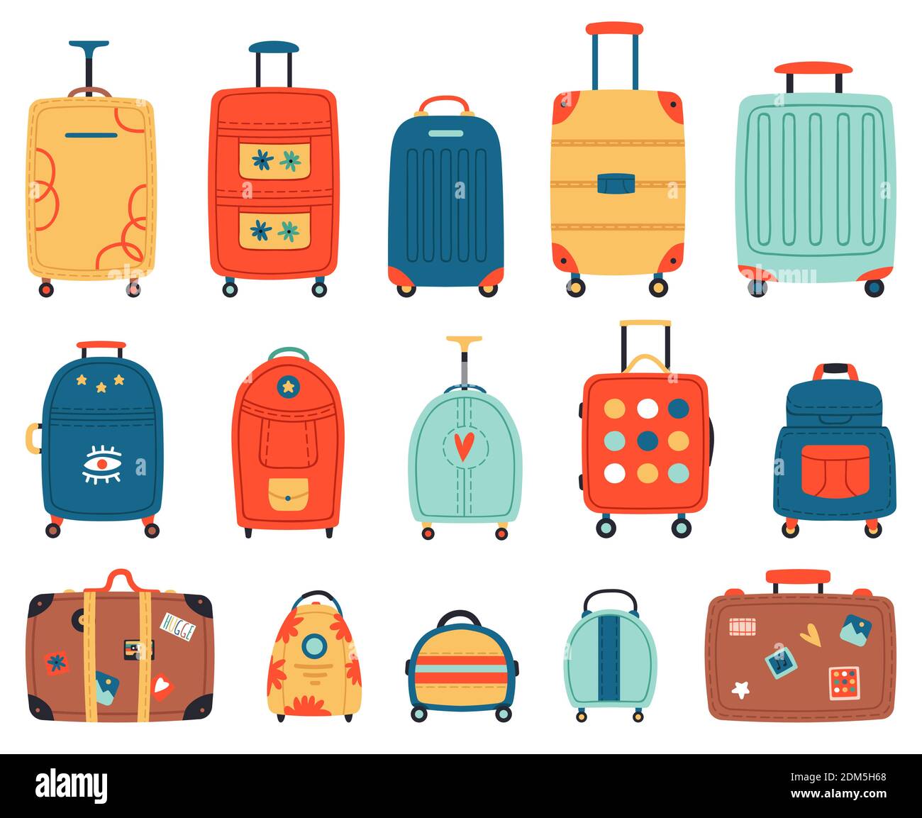 Luggage bags. Vacation baggage, plastic, metal or textile tourism suitcases with wheels. Travel