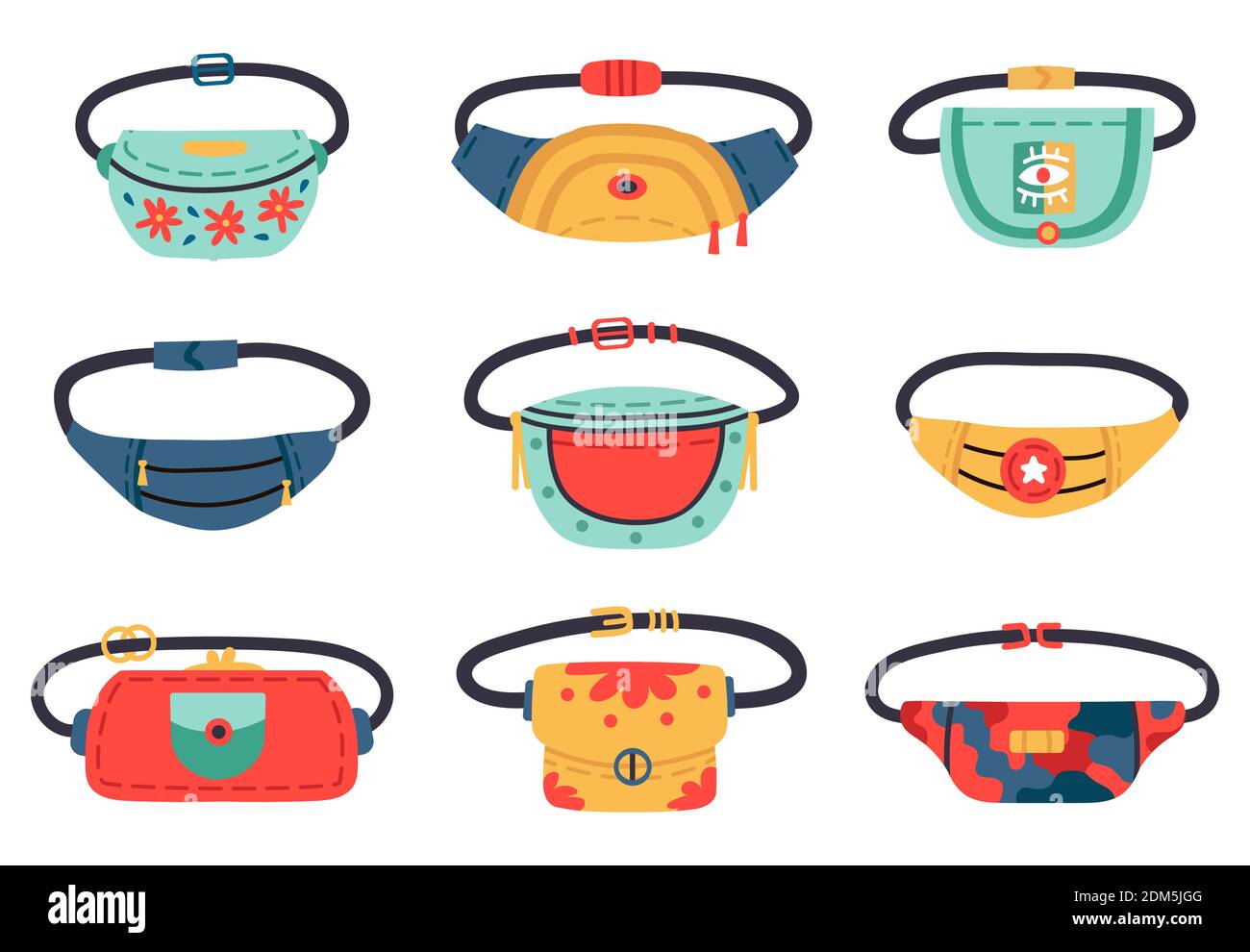 Belt bags. Vintage waist bags, banana shaped 90s accessory, hand drawn trendy colorful waist bag. Retro fashion pouch vector illustration set Stock Vector