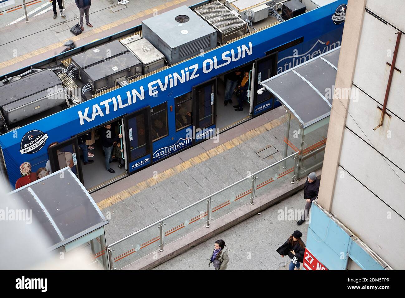 Istanbul, Turkey - February 14, 2020: Top view on Cemberlitas modern low floor tram station in Mollafenari neighbourhood, Fatih district. Stock Photo