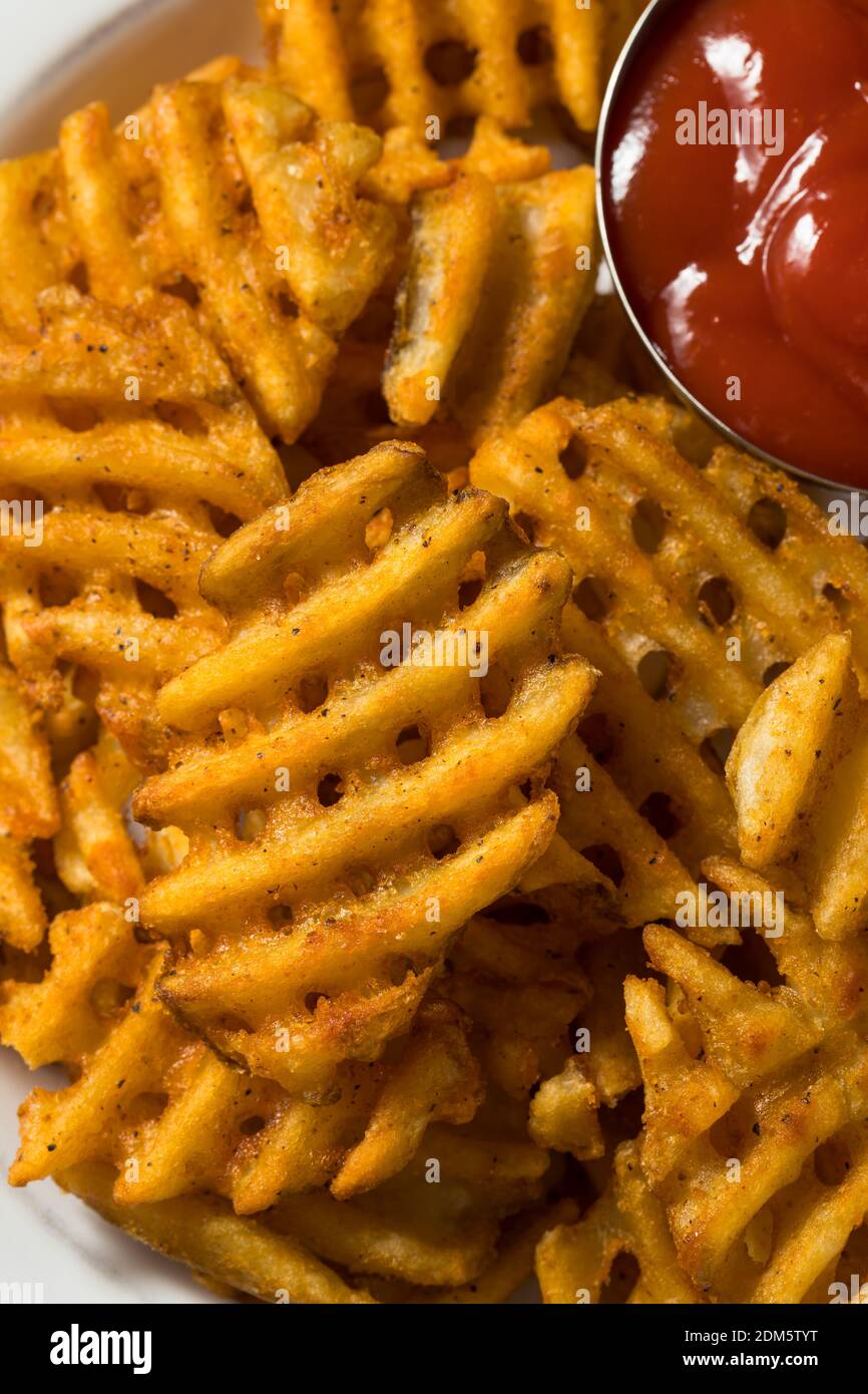 Homemade Greasy Waffle French Fries with Ketchup Stock Photo Alamy