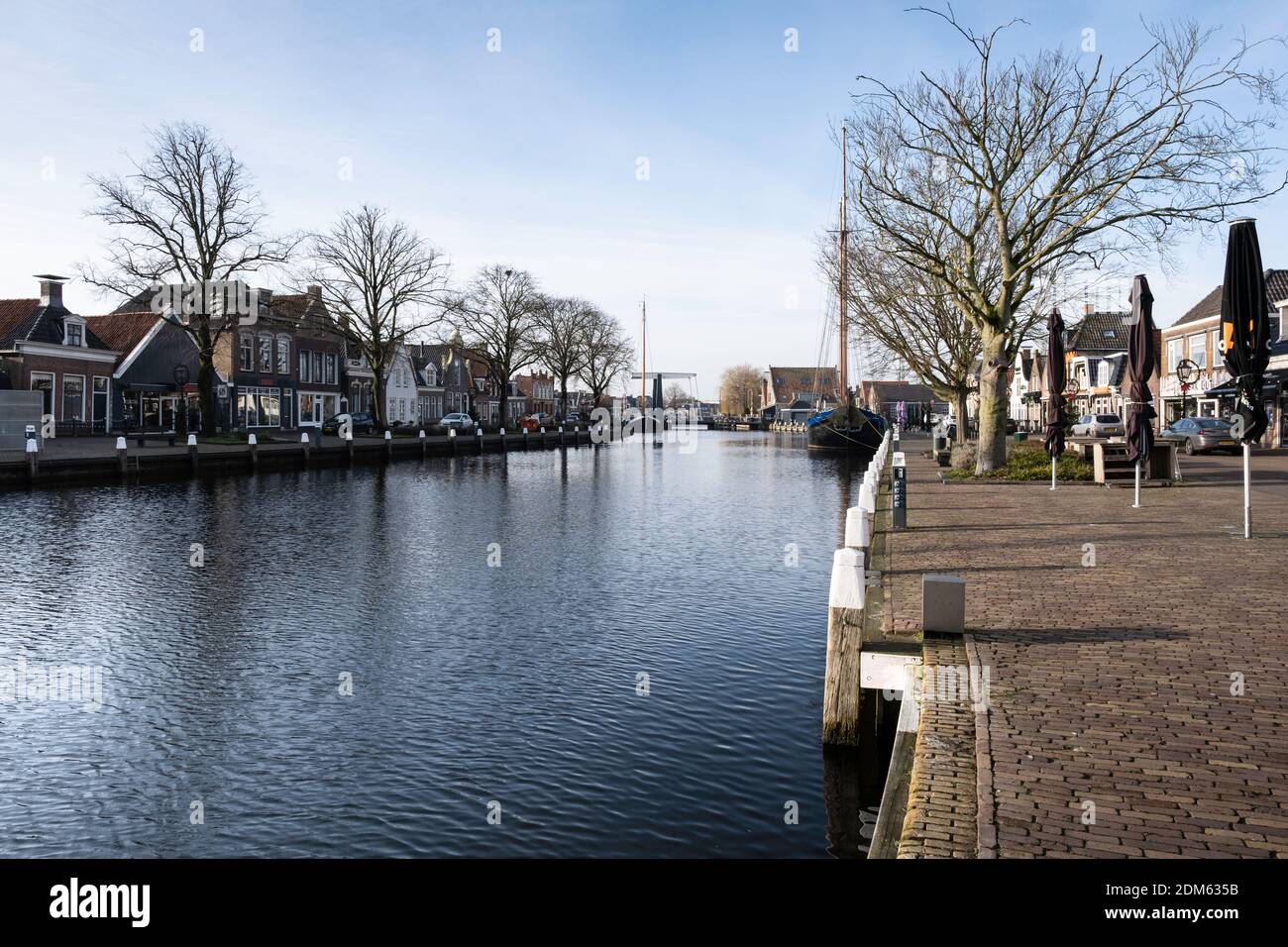 View over the water of the Dok with in the background the Flevobrug between Zijlroede and the Dok in Lemmer, the Netherlands Stock Photo