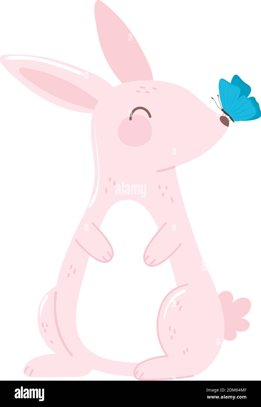 cute rabbit with butterfly in nose cartoon animal white background