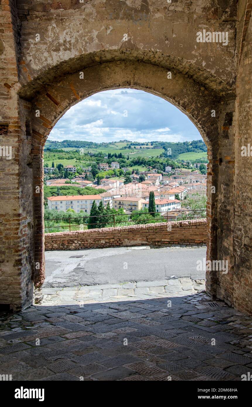 A Stone Archway With Italian Countryside In The Background Stock Photo Alamy