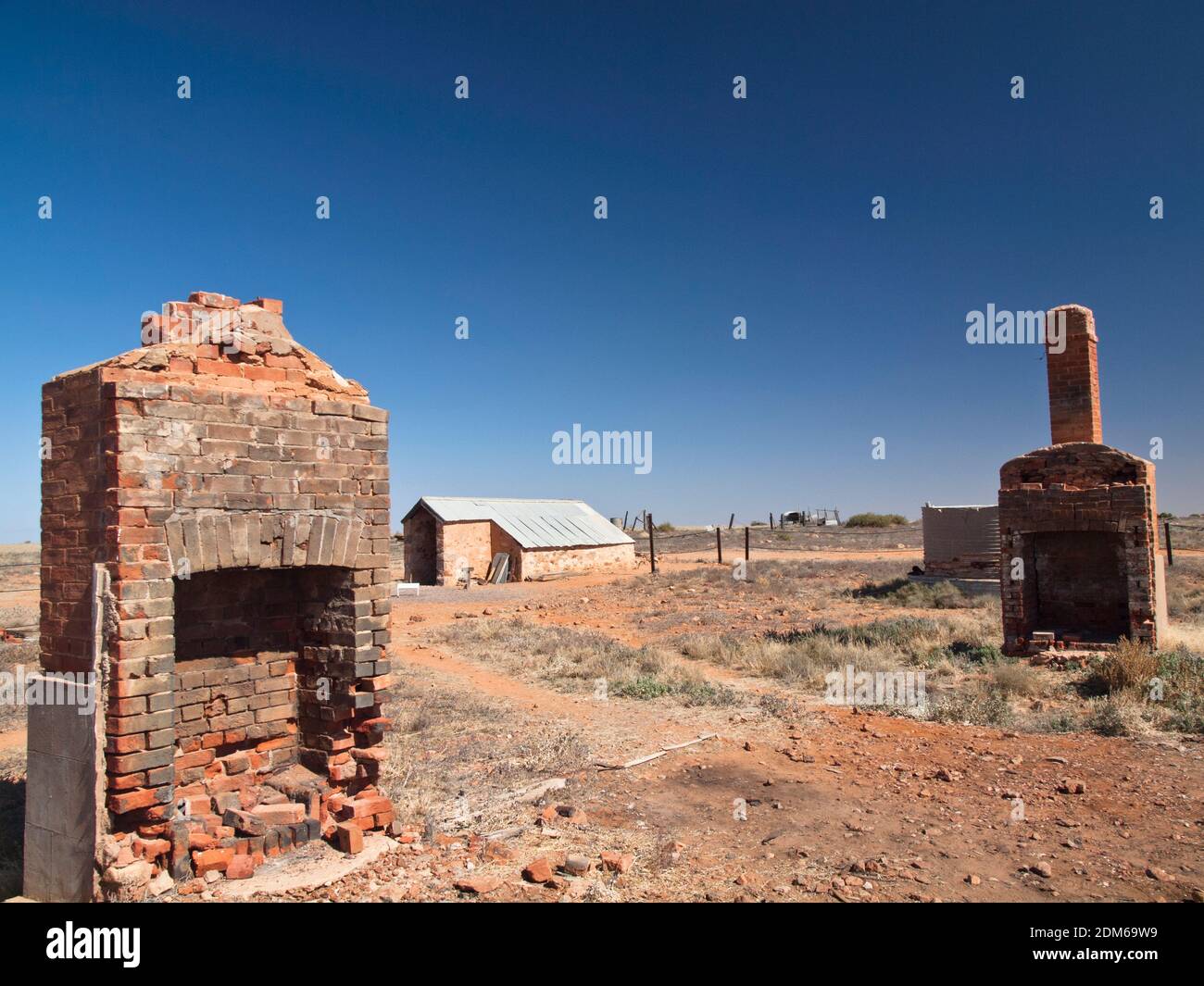 Chimney ruins, Farina,  Oodnadatta Track, South Australian outback. Stock Photo