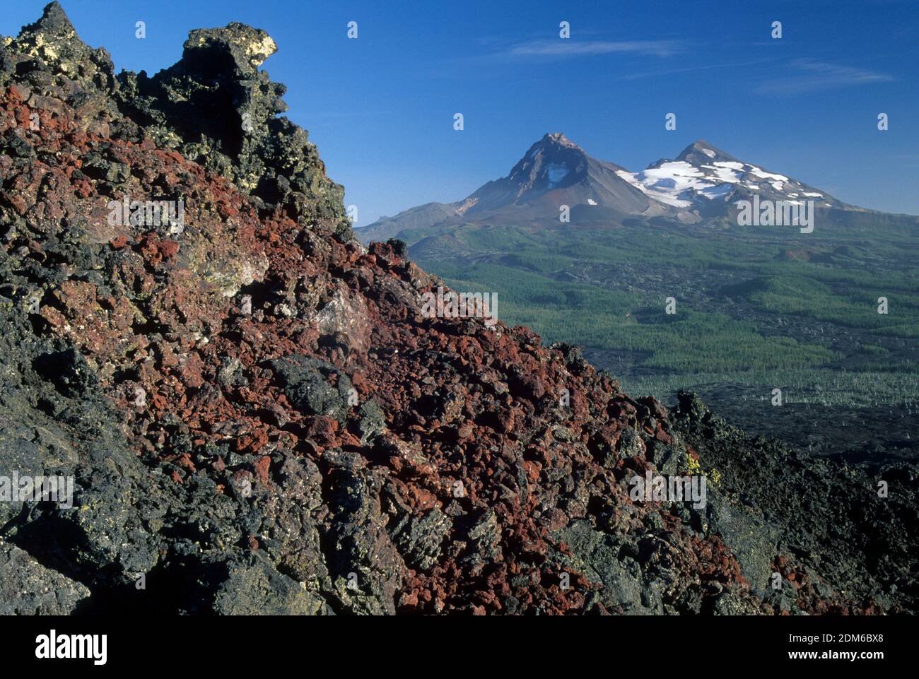 Three Sisters from Little Belknap Crater, Mt Washington Wilderness, Willamette National Forest, Oregon Stock Photo