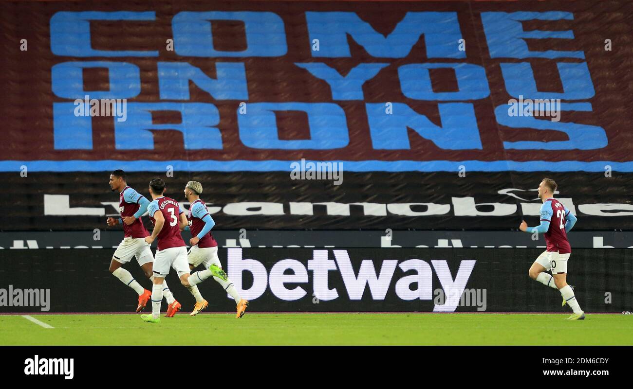 West Ham United's Sebastien Haller celebrates scoring his side's first goal of the game during the Premier League match at the London Stadium. Stock Photo