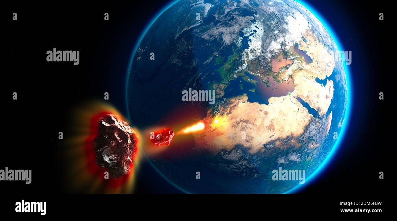 Meteorite that crosses the earth's atmosphere. Asteroid hitting the earth. Explosion, cataclysm, end of the world. Global extinction. Nuclear bomb. 3d Stock Photo