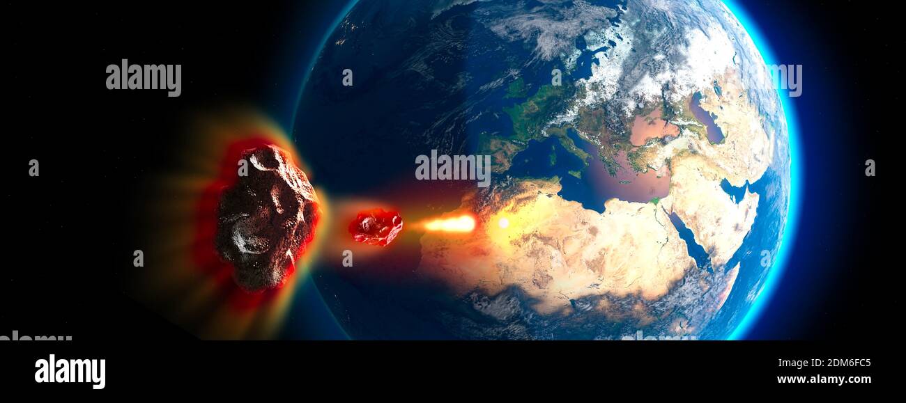 Meteorite that crosses the earth's atmosphere. Asteroid hitting the earth. Explosion, cataclysm, end of the world. Global extinction. Nuclear bomb. 3d Stock Photo