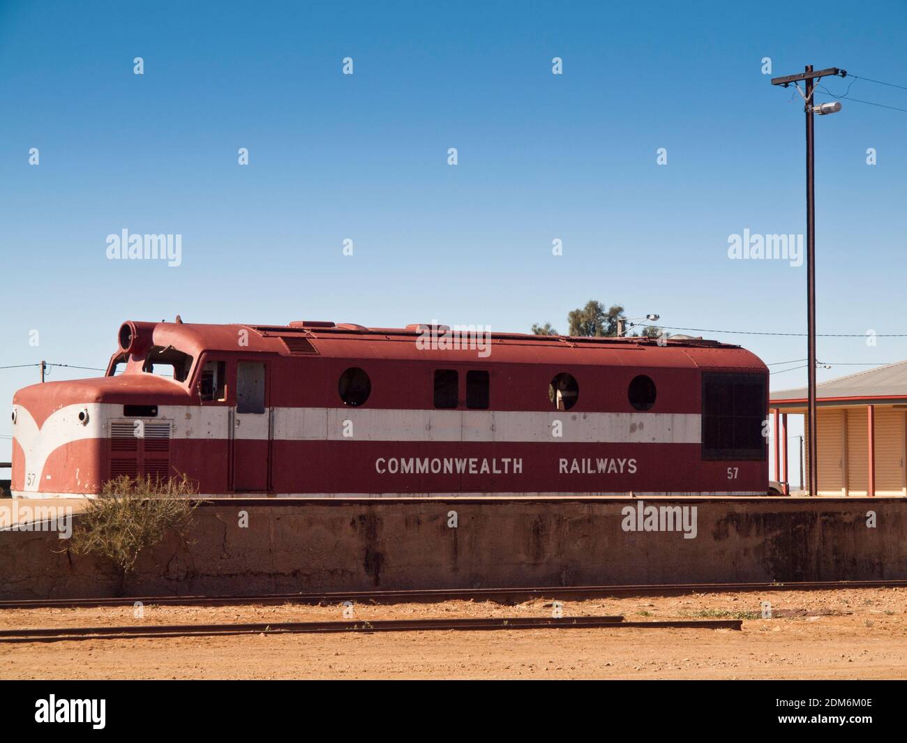 Old narrow-gauge NSU-class Commonwealth Railways Ghan diesel locomotive abandoned at Marree, South Australia Stock Photo