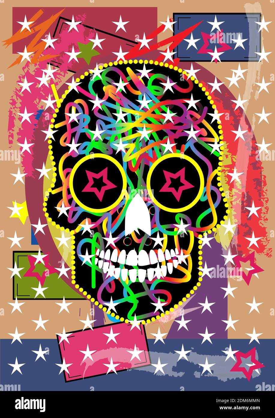 Mexican skull with colors and stars, pop art vector background Stock Photo  - Alamy