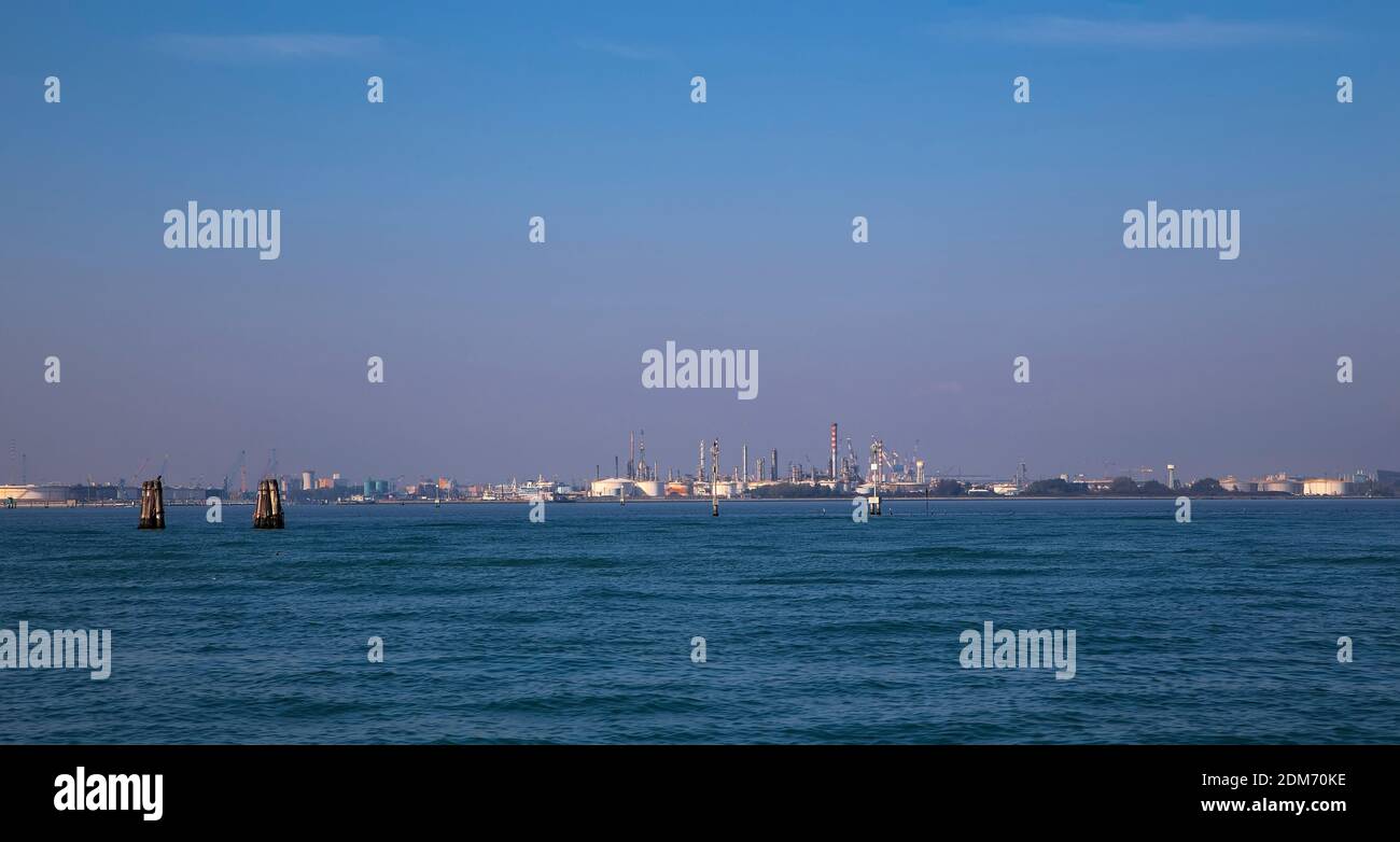 Coastline of mainland Venice with industrial enterprises. Venice. Italy Stock Photo