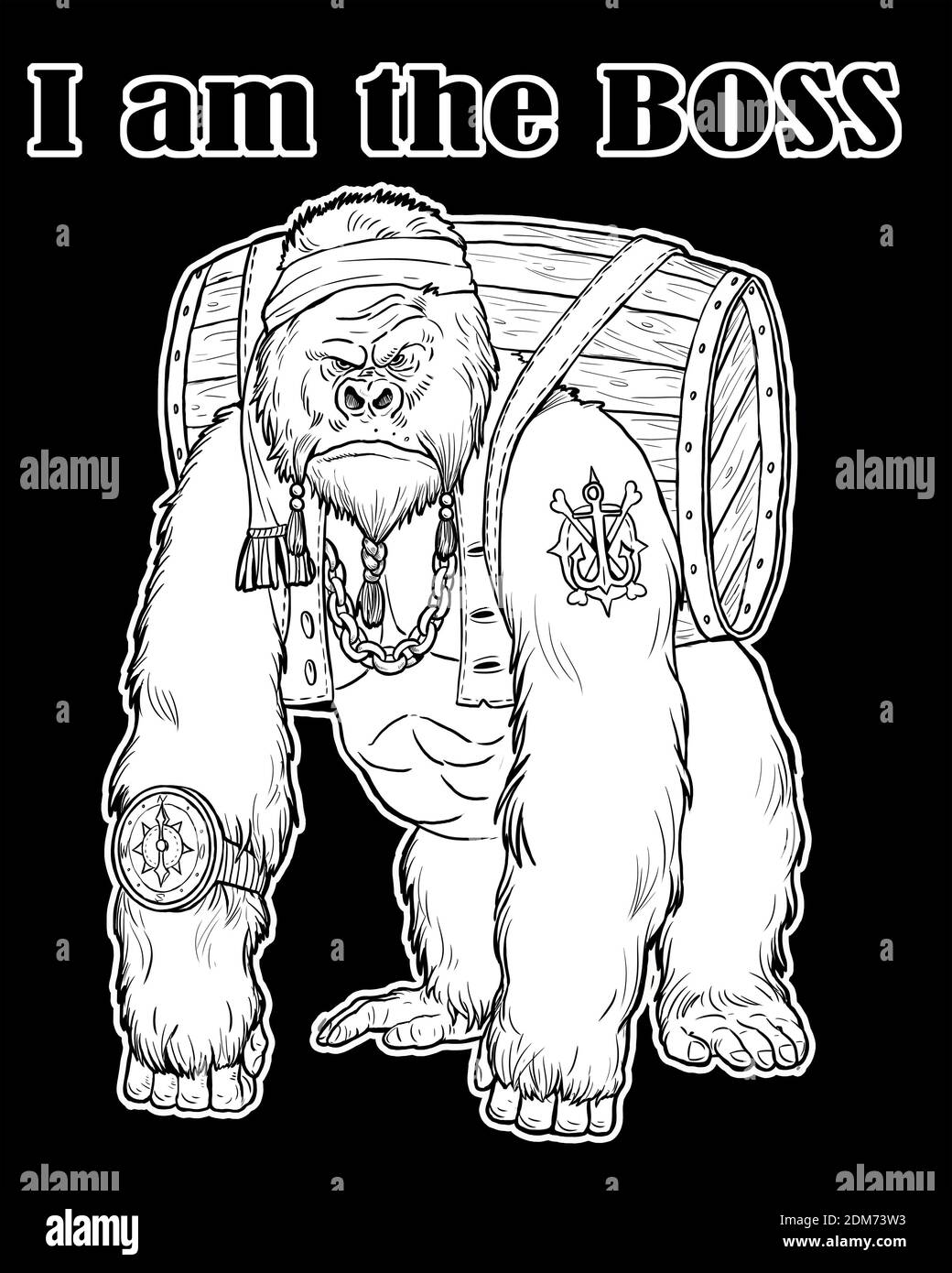 Big gorilla I am the boss. Outline clipart illustration. Monkey and apes pirates coloring sheet. Stock Photo