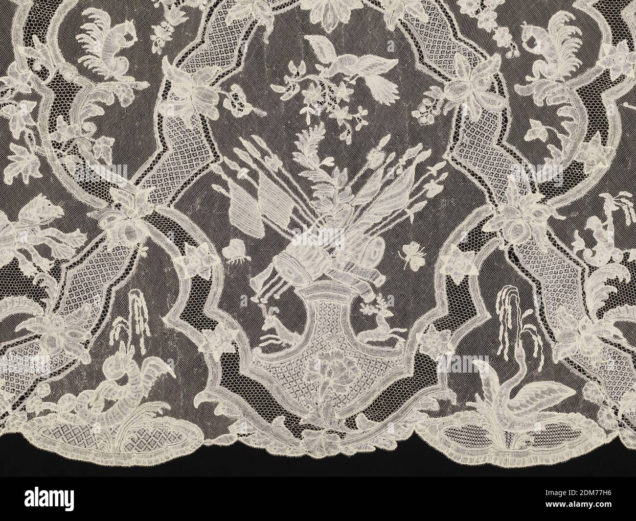 Flounce, Medium: linen Technique: Brussels style bobbin lace, Section of a wide flounce with a design of curving garlands that alternates with a symmetrical framing element. Neptune with a trident alternates with a group of heraldic banners with field drums., Belgium, 1745–65, lace, Flounce Stock Photo
